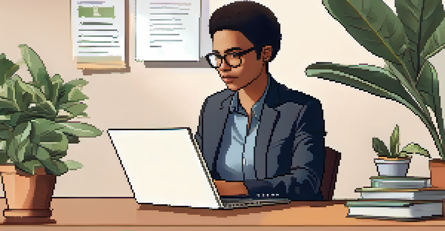 A person analyzing a job description on a laptop at a tidy desk with a notebook and coffee.