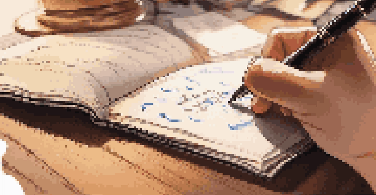 A hand writing in a journal with a fountain pen on a wooden table, with motivational quotes in the background.