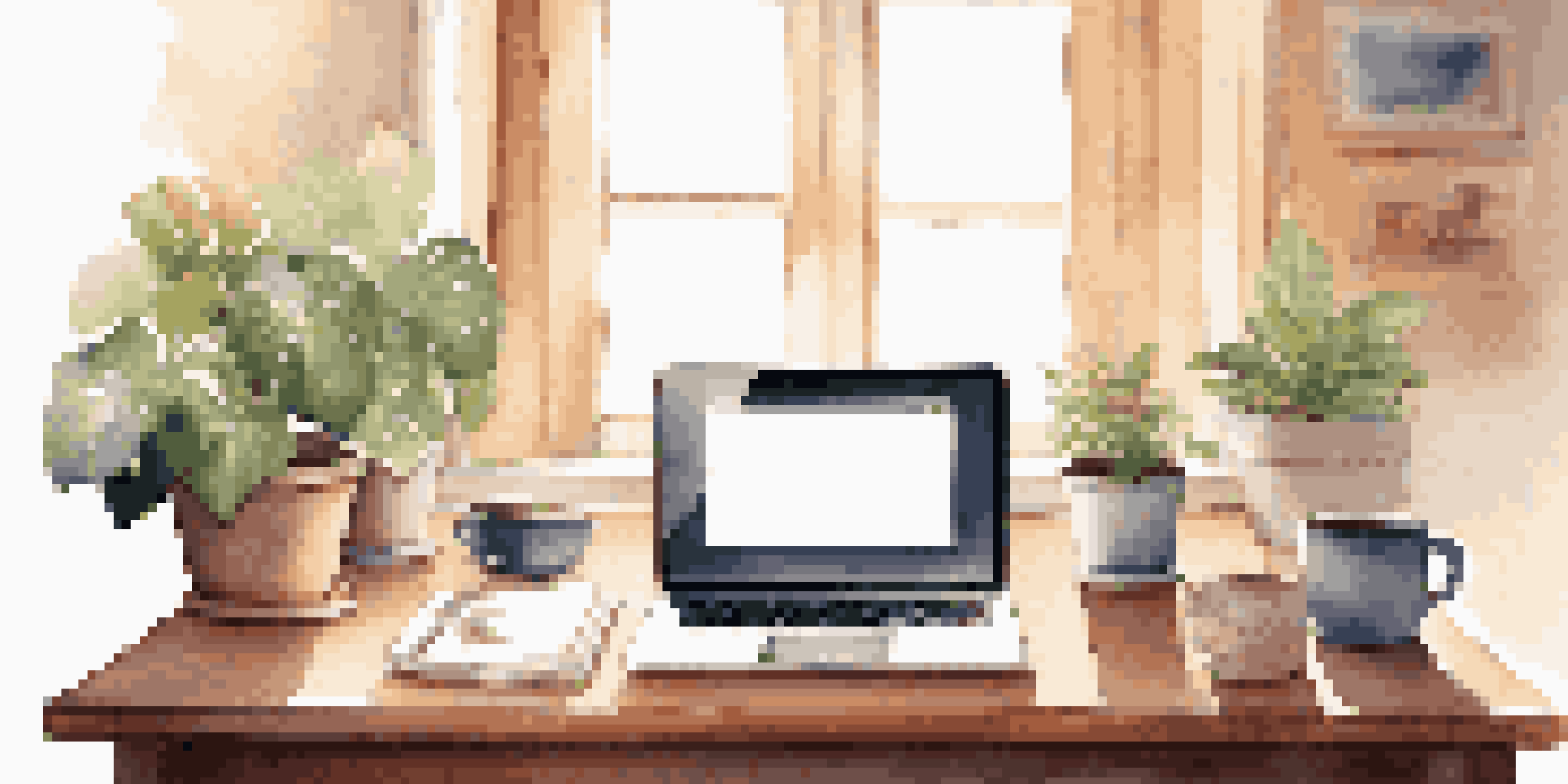 A cozy office desk with a laptop, notebooks, and a coffee cup, bathed in soft morning light with a plant in the background.