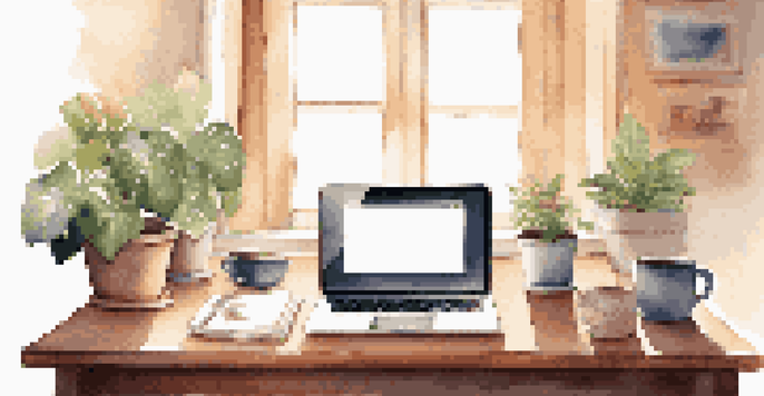 A cozy office desk with a laptop, notebooks, and a coffee cup, bathed in soft morning light with a plant in the background.