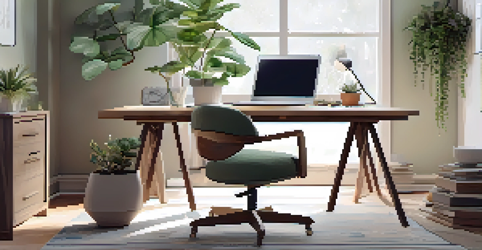 A peaceful home office with a modern desk, ergonomic chair, and a laptop. Natural light fills the room, complemented by a potted plant and minimalistic decor.