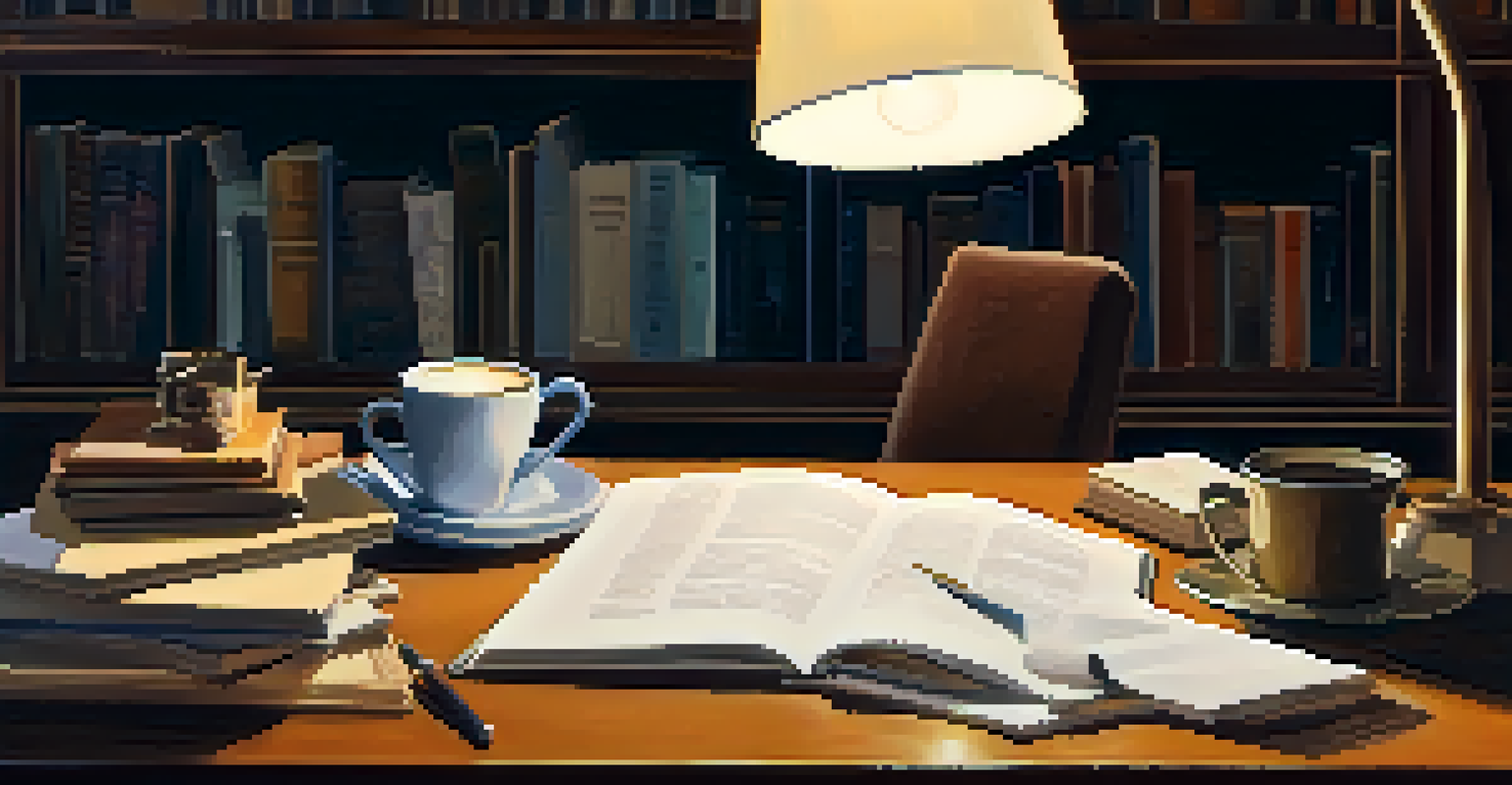A person studying at a desk with books and a laptop, illuminated by a soft desk lamp, creating a cozy learning environment.