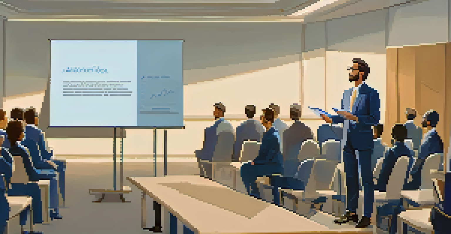 A professional presenting at a podium in front of an engaged audience, with a large screen displaying slides in a well-lit room.
