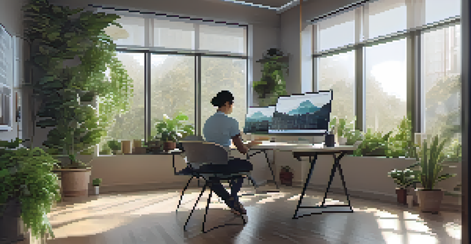 A person working at a modern desk with dual monitors, analyzing data visualizations in a bright and green workspace.
