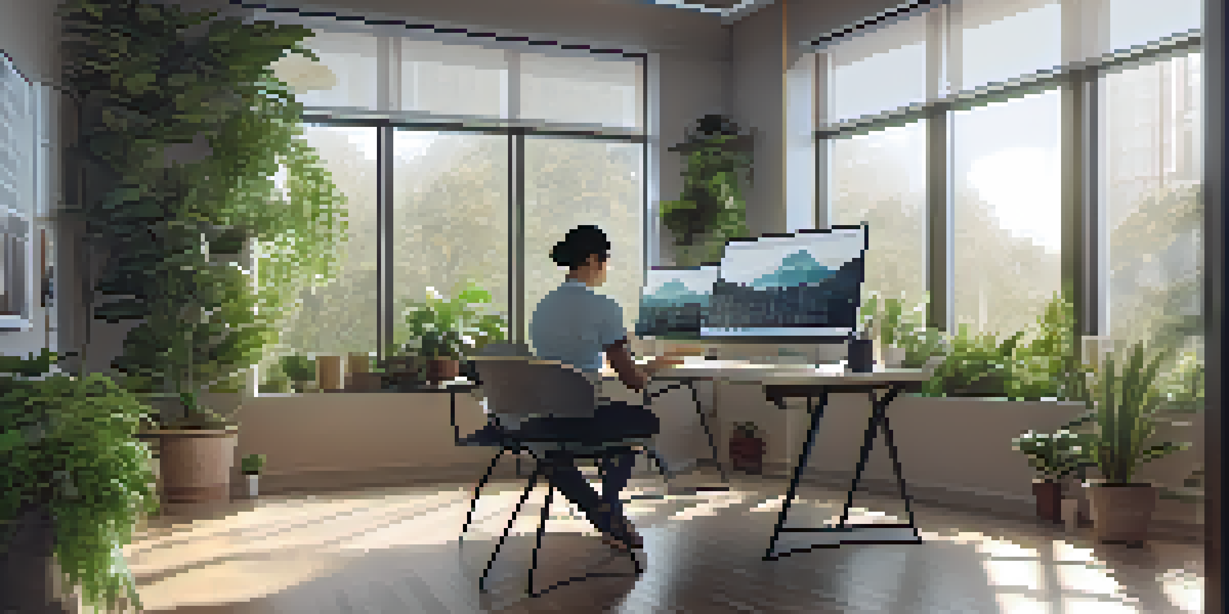 A person working at a modern desk with dual monitors, analyzing data visualizations in a bright and green workspace.