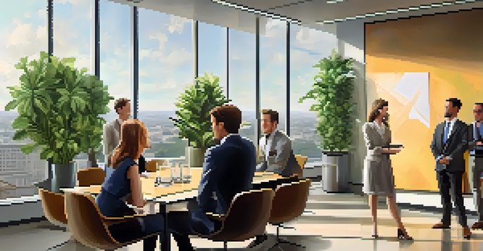 A well-dressed man presenting his elevator pitch to a diverse audience in a modern office setting, with natural light and contemporary decor.
