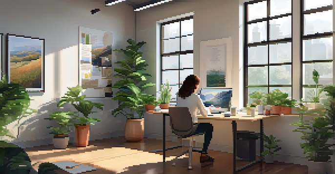 A person engaged in writing in a feedback journal at a well-lit desk in an office, surrounded by plants and motivational quotes.