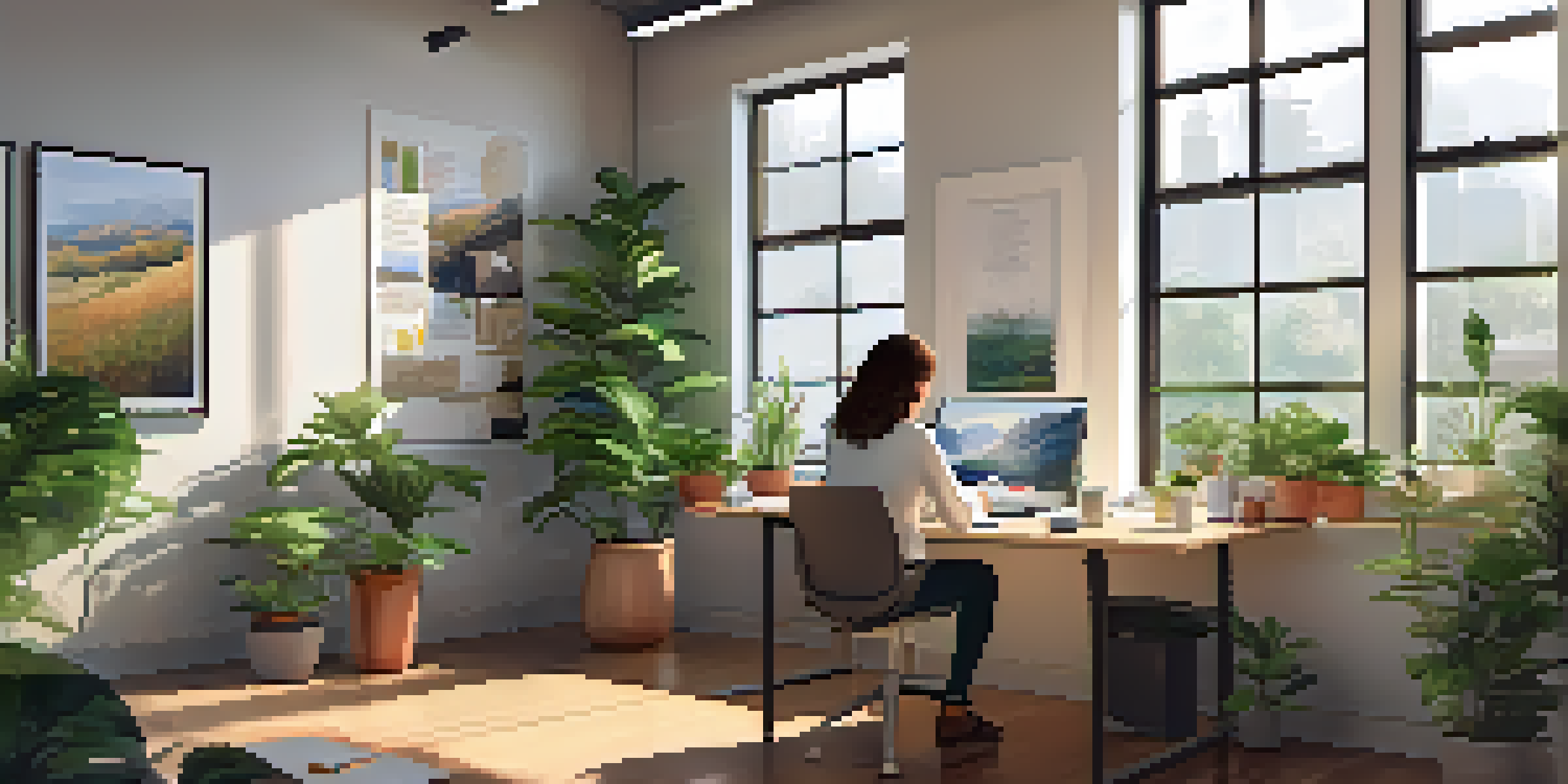 A person engaged in writing in a feedback journal at a well-lit desk in an office, surrounded by plants and motivational quotes.