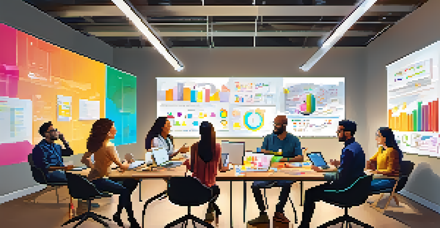 A diverse group of individuals brainstorming together around a table, with laptops and colorful charts, illuminated by bright overhead lights.