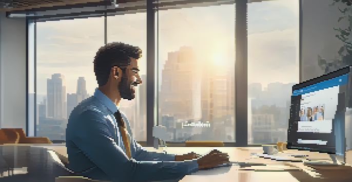 A person at a desk working on their LinkedIn profile on a laptop, with a bright and motivational workspace.