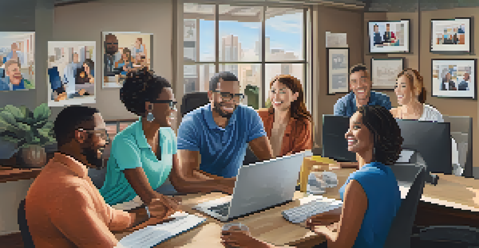 A video conference call with diverse employees in their home offices, surrounded by personal items and artwork.