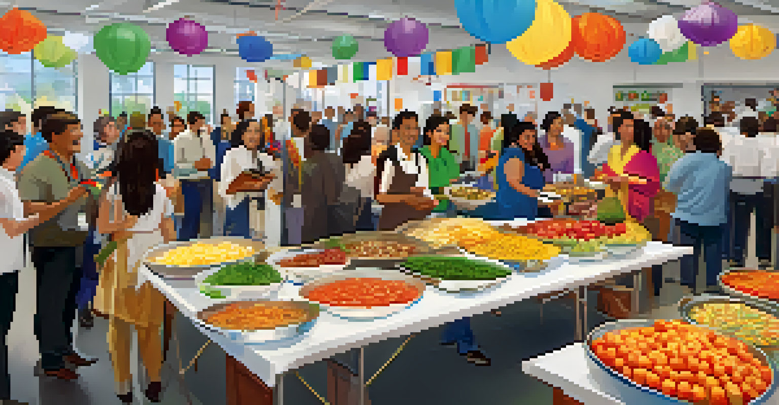 An engaging cultural appreciation event in a workplace with employees sharing traditional foods, music, and stories amidst colorful decorations.