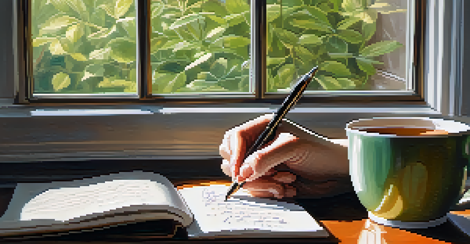 Close-up of hands journaling beside a cup of tea and assessment results, with a sunlit window in the background, creating a peaceful atmosphere.