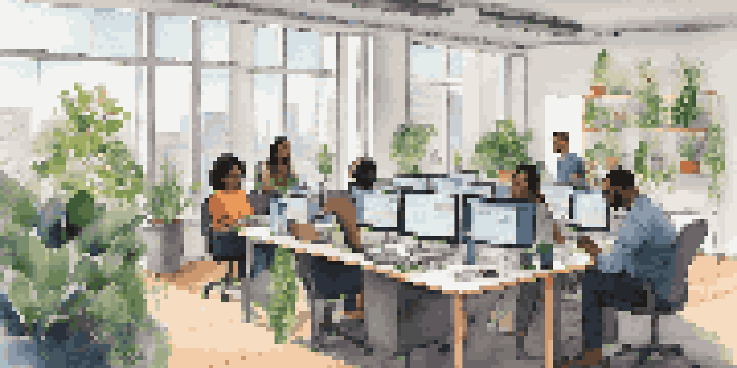 A diverse group of professionals participating in an online learning session with laptops at their desks, showing engagement and focus.