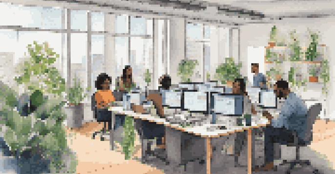 A diverse group of professionals participating in an online learning session with laptops at their desks, showing engagement and focus.