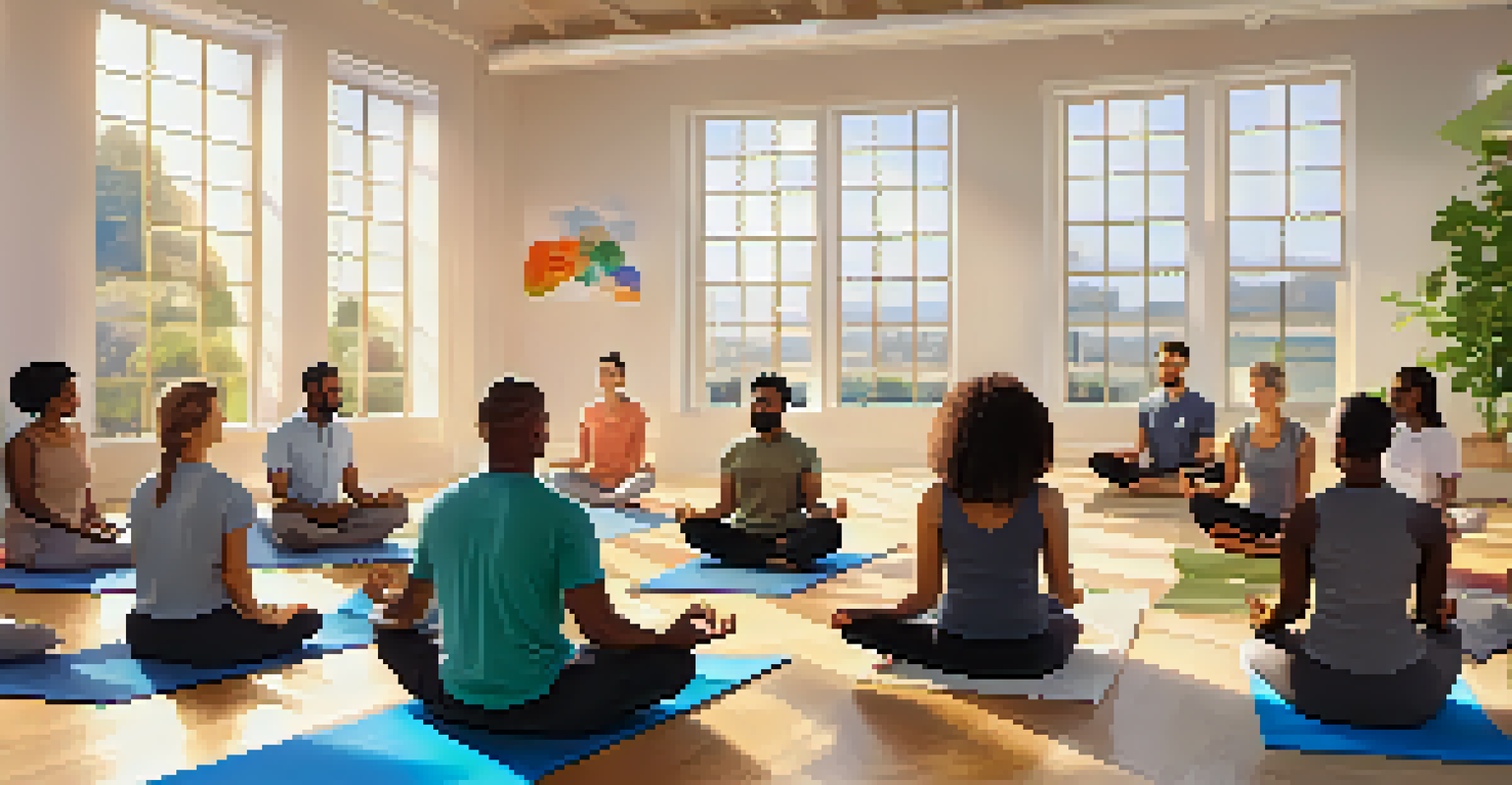 A group of diverse employees participating in a mindfulness meditation session in a bright room.