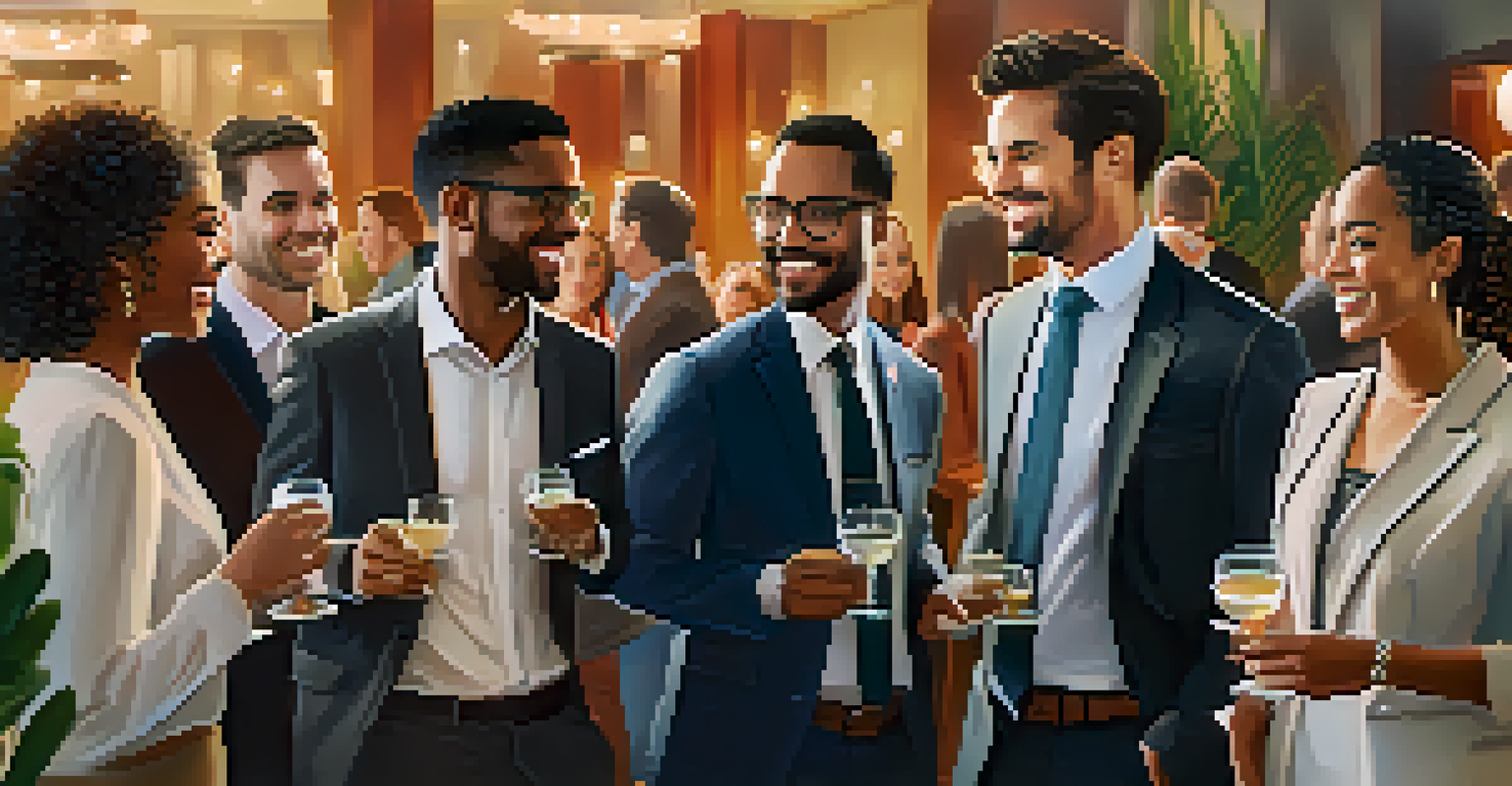 A group of professionals networking at an event, smiling and engaging in conversation in a warmly lit venue.
