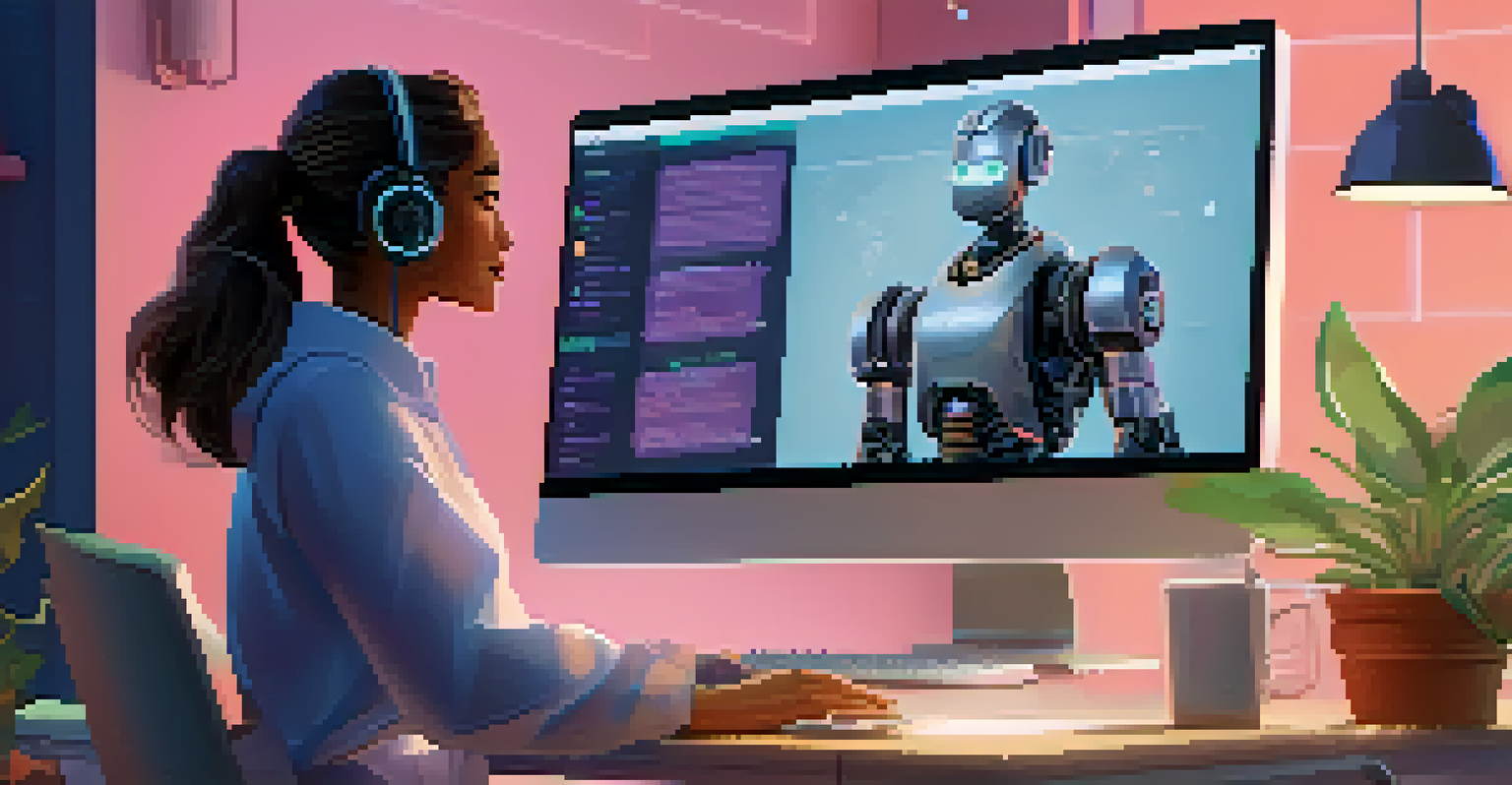 A computer screen showing an AI chatbot interface next to a human customer service agent in a cozy workspace.