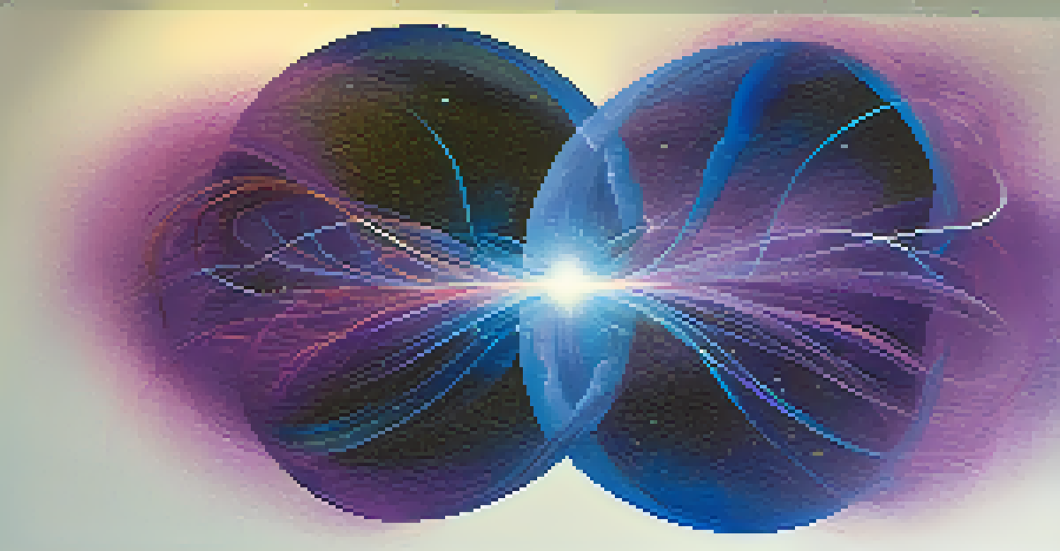 An abstract visual of quantum entanglement with two interlinked particles and a colorful aura.