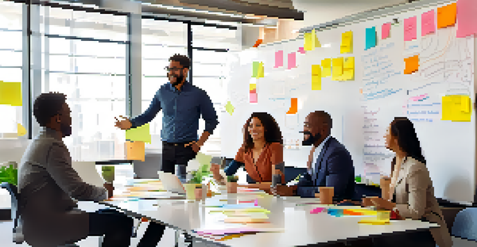 A diverse group of employees in a bright meeting room, collaborating around a whiteboard filled with ideas and colorful sticky notes.