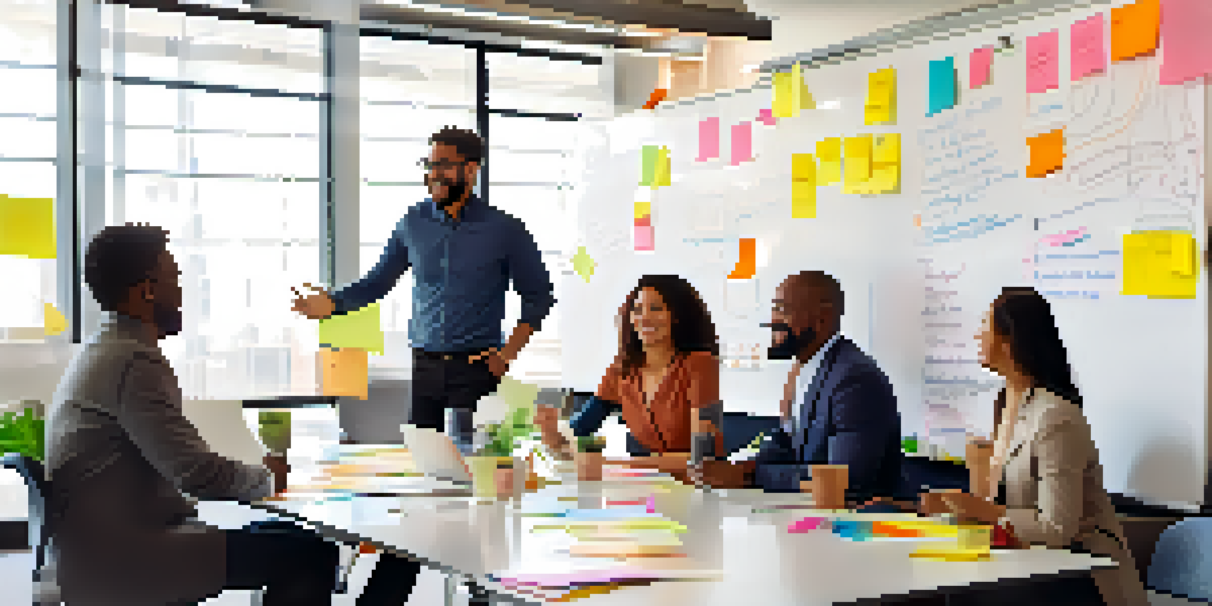 A diverse group of employees in a bright meeting room, collaborating around a whiteboard filled with ideas and colorful sticky notes.