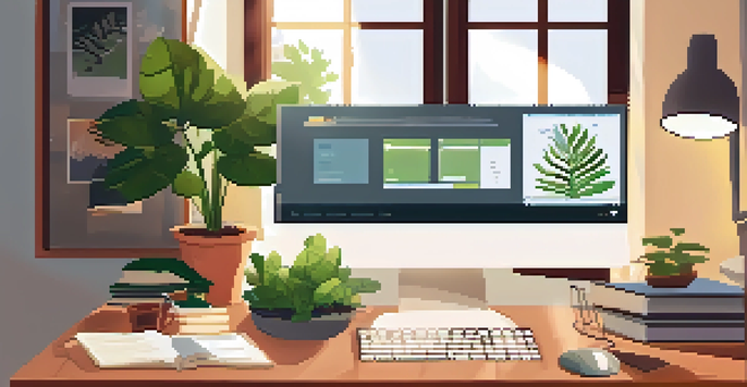 A cozy home office with a wooden desk, laptop displaying a career assessment tool, motivational posters on the walls, and a houseplant in the corner, illuminated by sunlight.