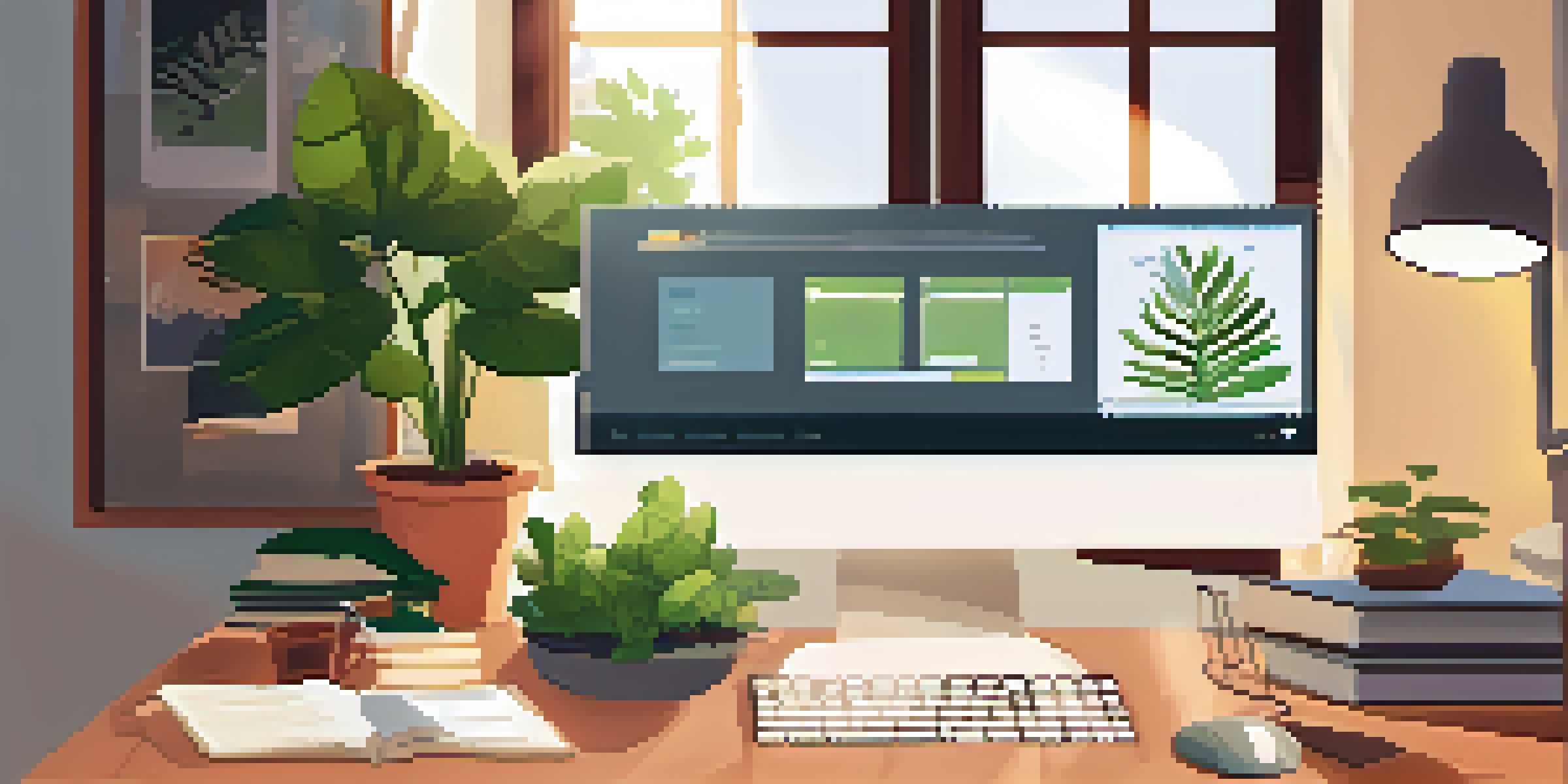 A cozy home office with a wooden desk, laptop displaying a career assessment tool, motivational posters on the walls, and a houseplant in the corner, illuminated by sunlight.