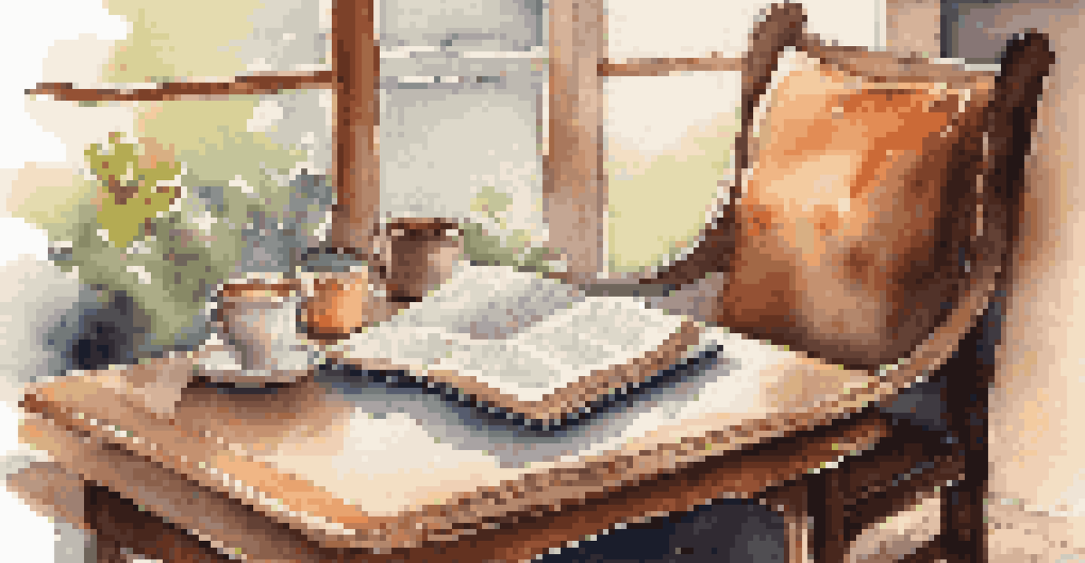 An open book and a cup of coffee on a wooden table in a cozy reading nook with a bookshelf in the background.