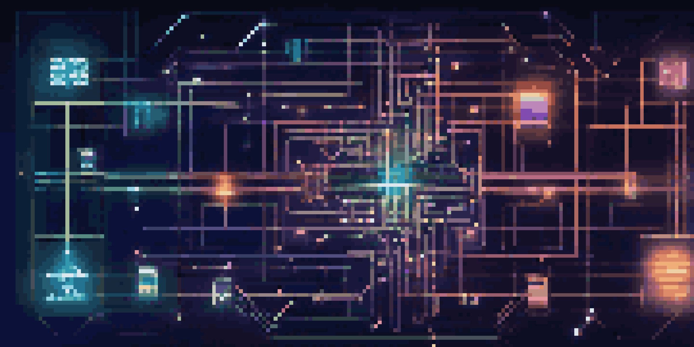 A visual representation of a blockchain network with interconnected blocks and glowing lines on a dark blue background.