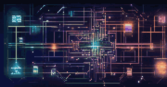 A visual representation of a blockchain network with interconnected blocks and glowing lines on a dark blue background.