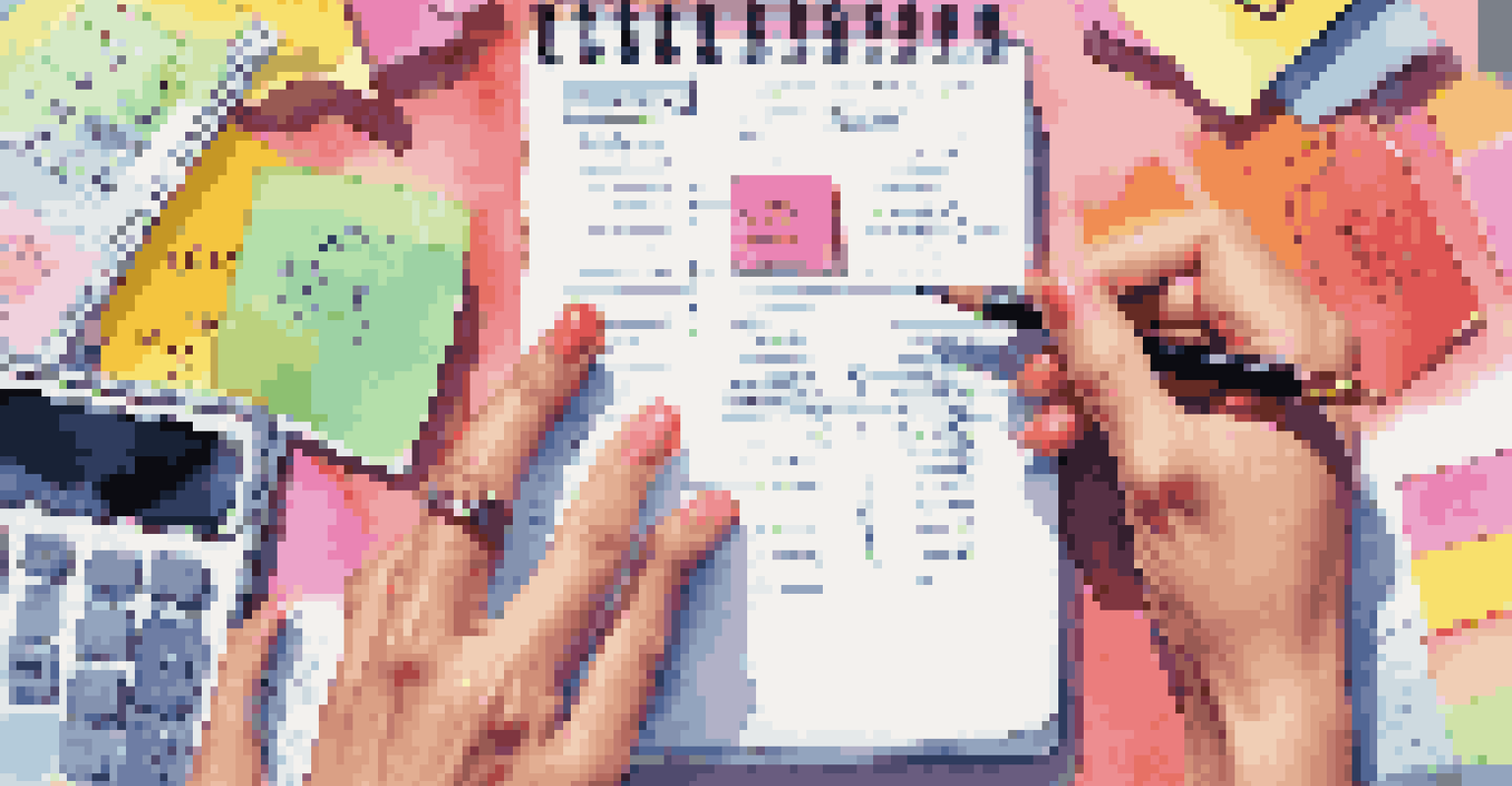A close-up of hands writing in a planner with sticky notes and a calculator in a bright setting.