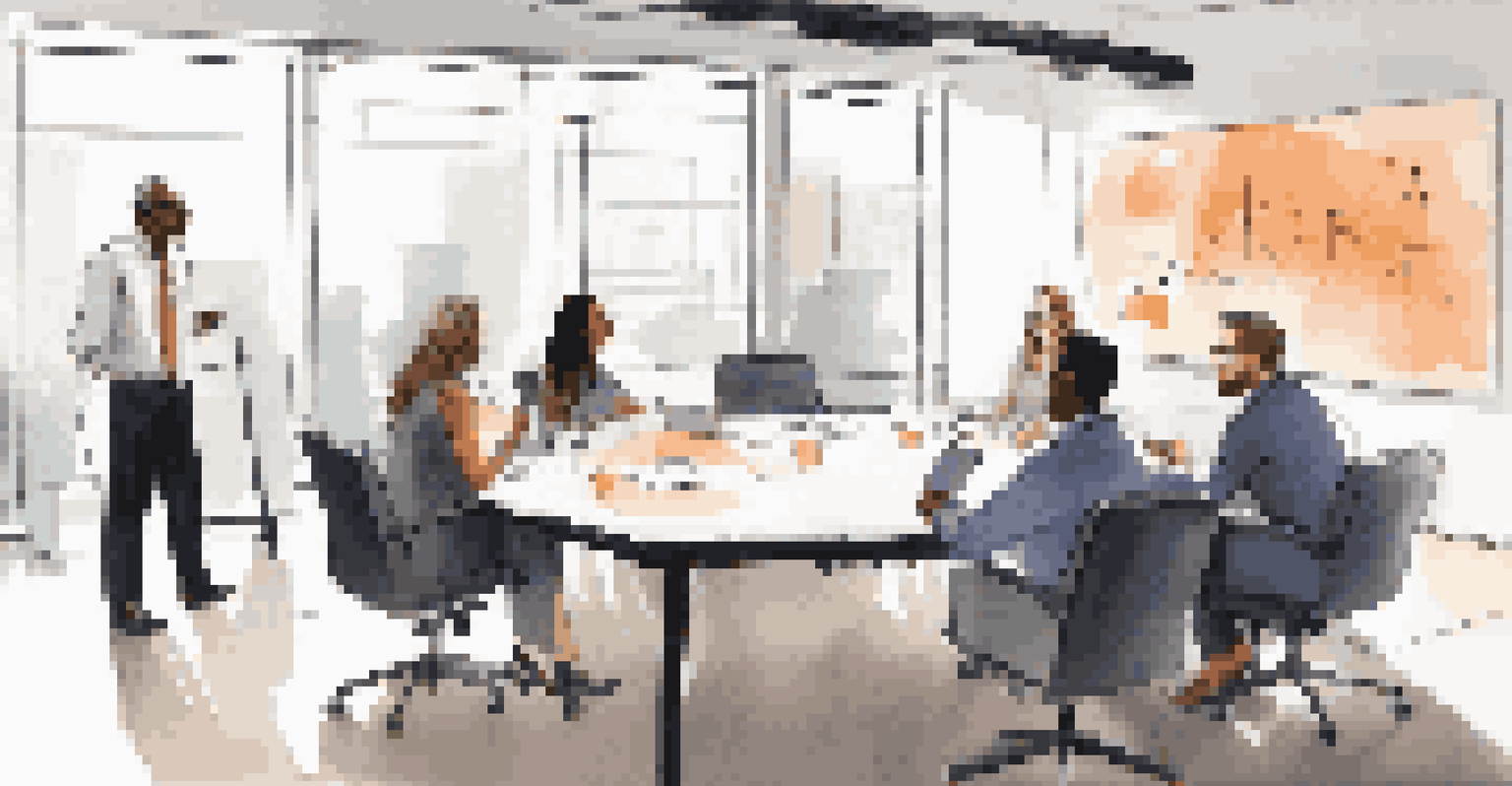 A mentor and mentee discussing ideas in a modern office setting with a whiteboard in the background.
