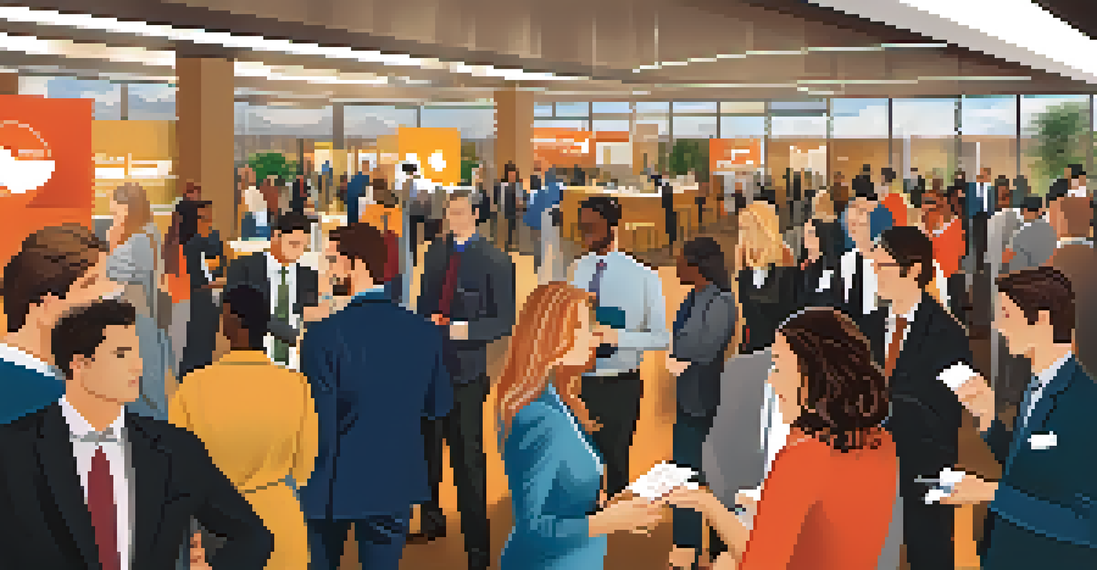 A networking event with students and professionals interacting, exchanging business cards in a lively atmosphere.