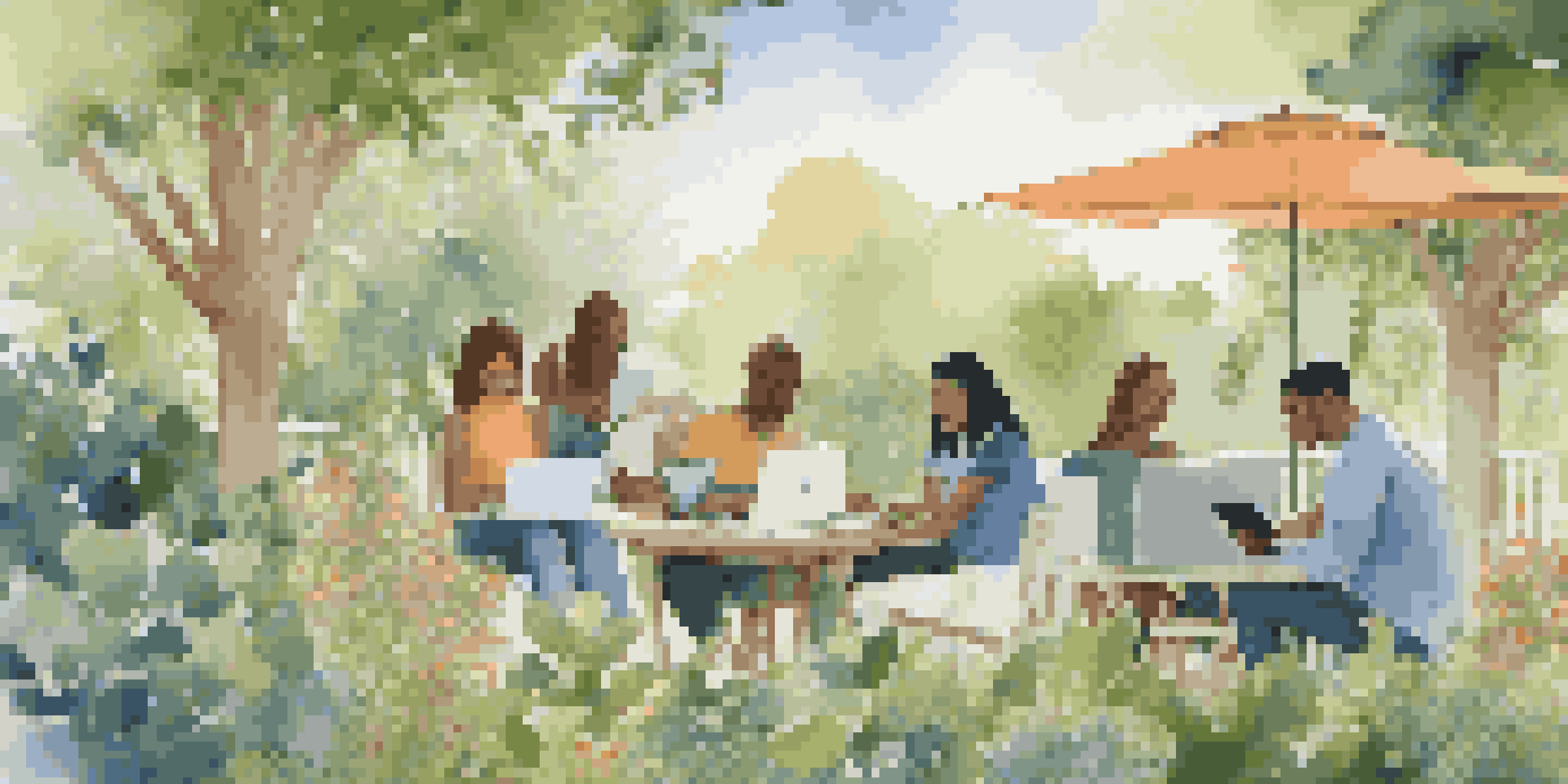 A diverse group of people networking online in a beautiful garden, using laptops and tablets, with sunlight filtering through the leaves.