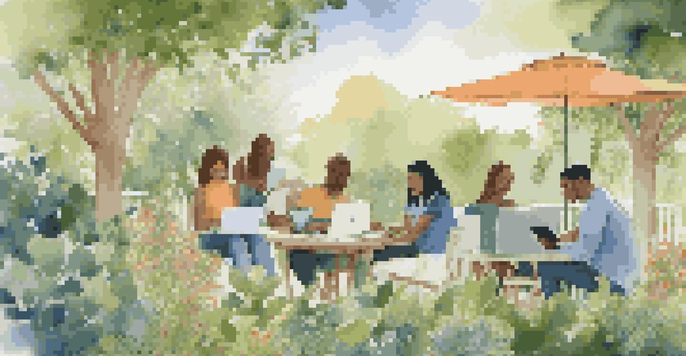 A diverse group of people networking online in a beautiful garden, using laptops and tablets, with sunlight filtering through the leaves.