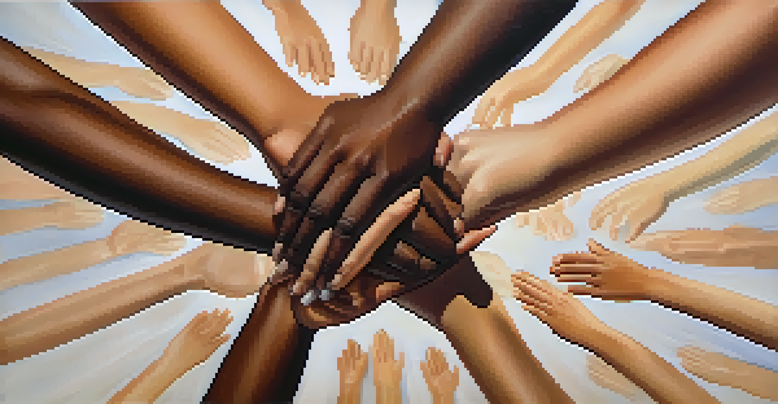 Hands of different skin tones reaching out towards each other, symbolizing unity and diversity.