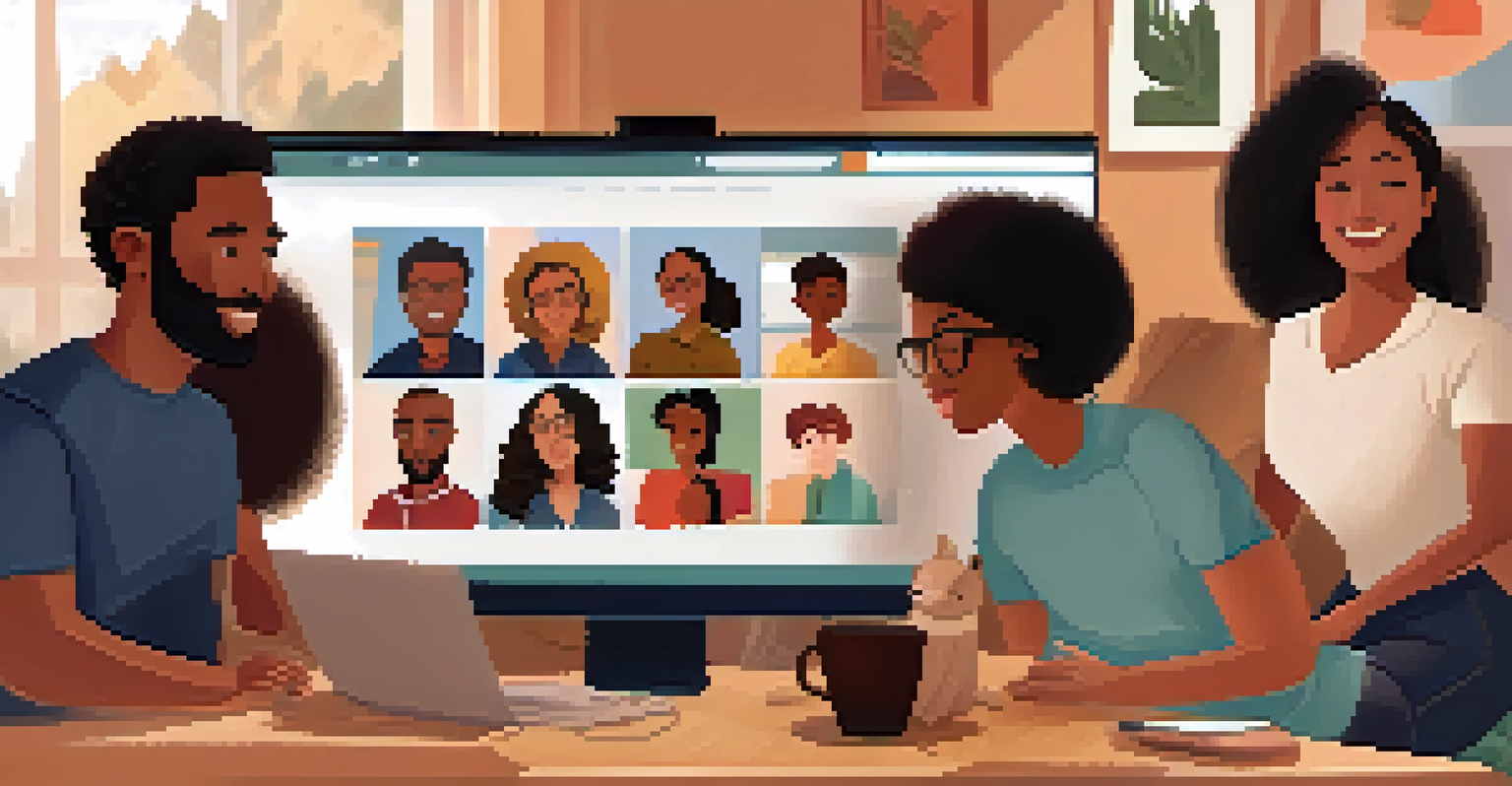 A video conference with a diverse group of remote workers displayed on a computer screen in a cozy living room setting.