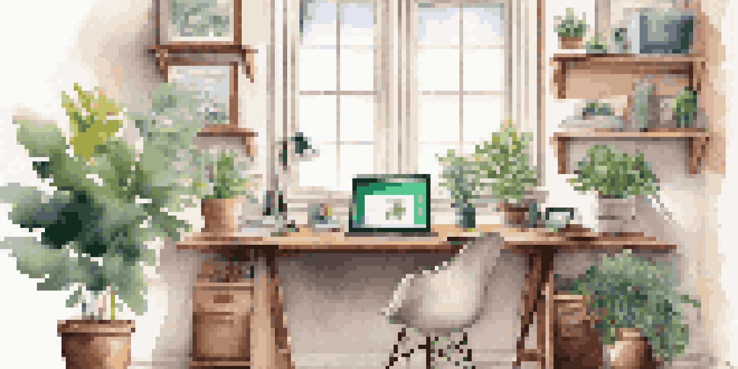 A tidy home office with a clean desk, laptop, potted plant, and sunlight coming through the window.