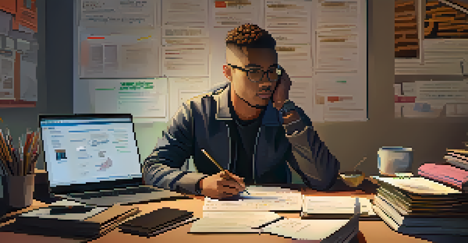 A person working on a career assessment with a laptop, books, and soft lighting around them.