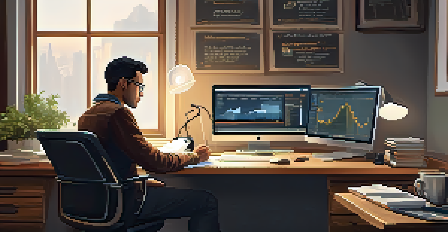 An individual analyzing data on a computer screen with graphs and charts in a cozy home office.