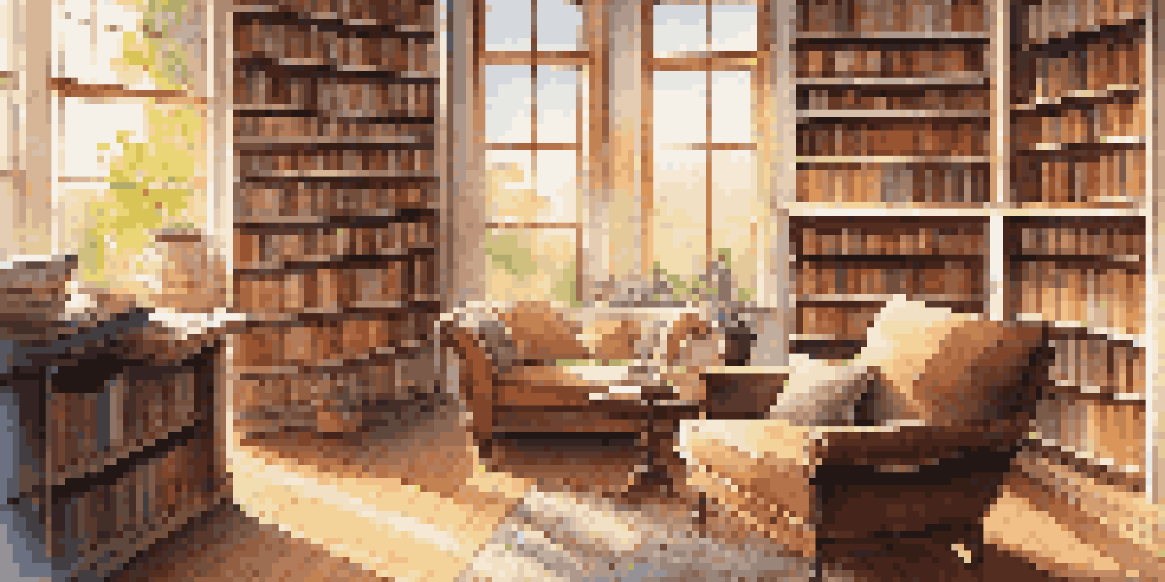 A cozy library with bookshelves, a reading nook, a cup of tea, and sunlight streaming through windows.