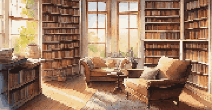A cozy library with bookshelves, a reading nook, a cup of tea, and sunlight streaming through windows.
