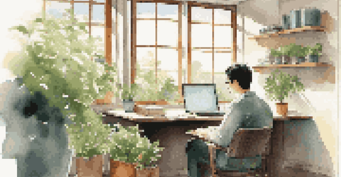 A peaceful office scene featuring a person meditating at a desk with sunlight streaming in through a window, surrounded by plants and work items.