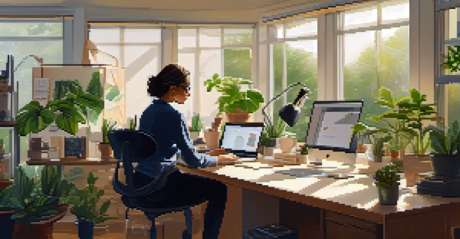 An employee at a desk with personal items, working on a laptop in a warm, sunlit workspace.