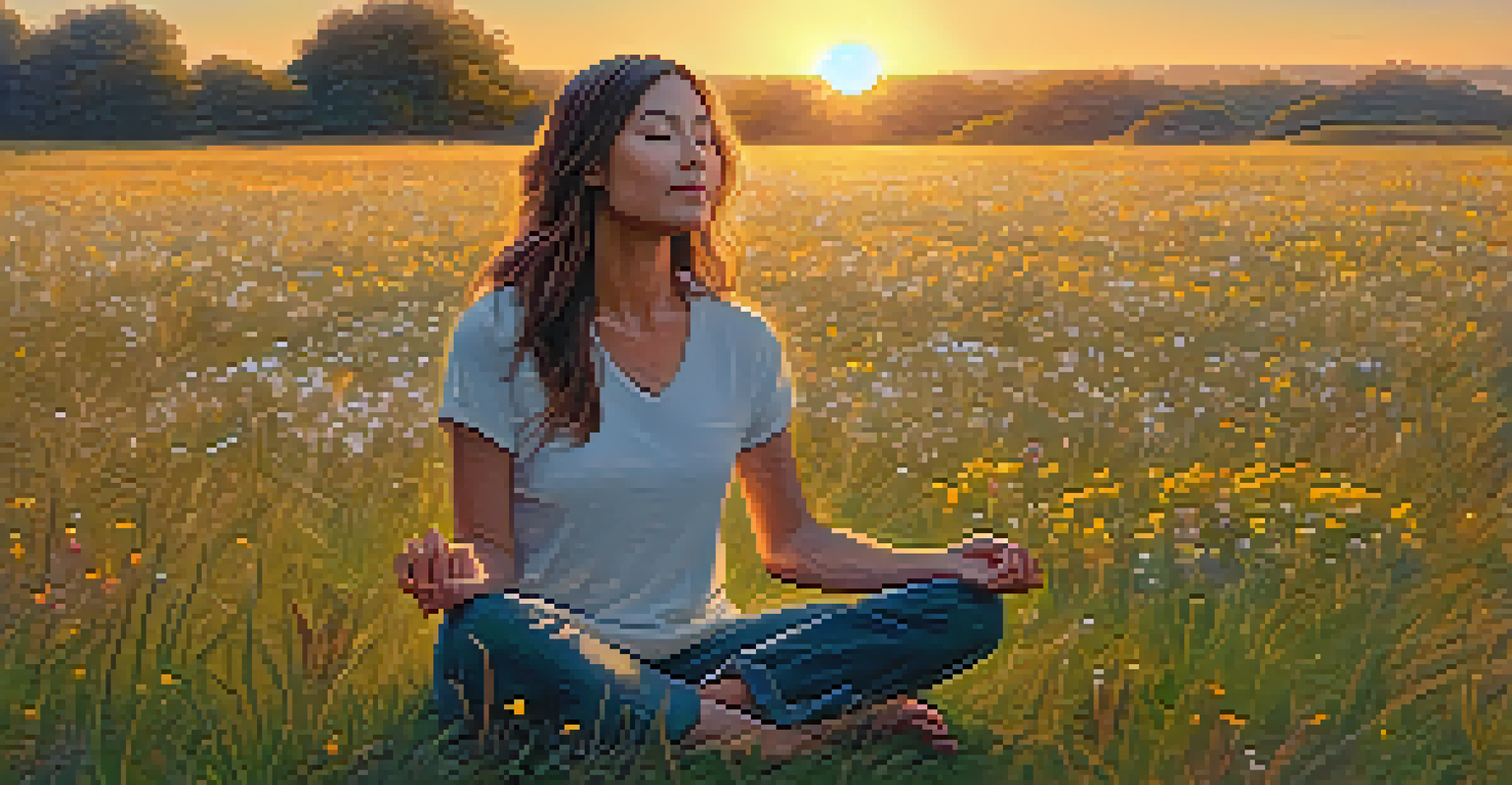 A person sitting cross-legged in a grassy field during sunset, practicing mindfulness with a peaceful expression.