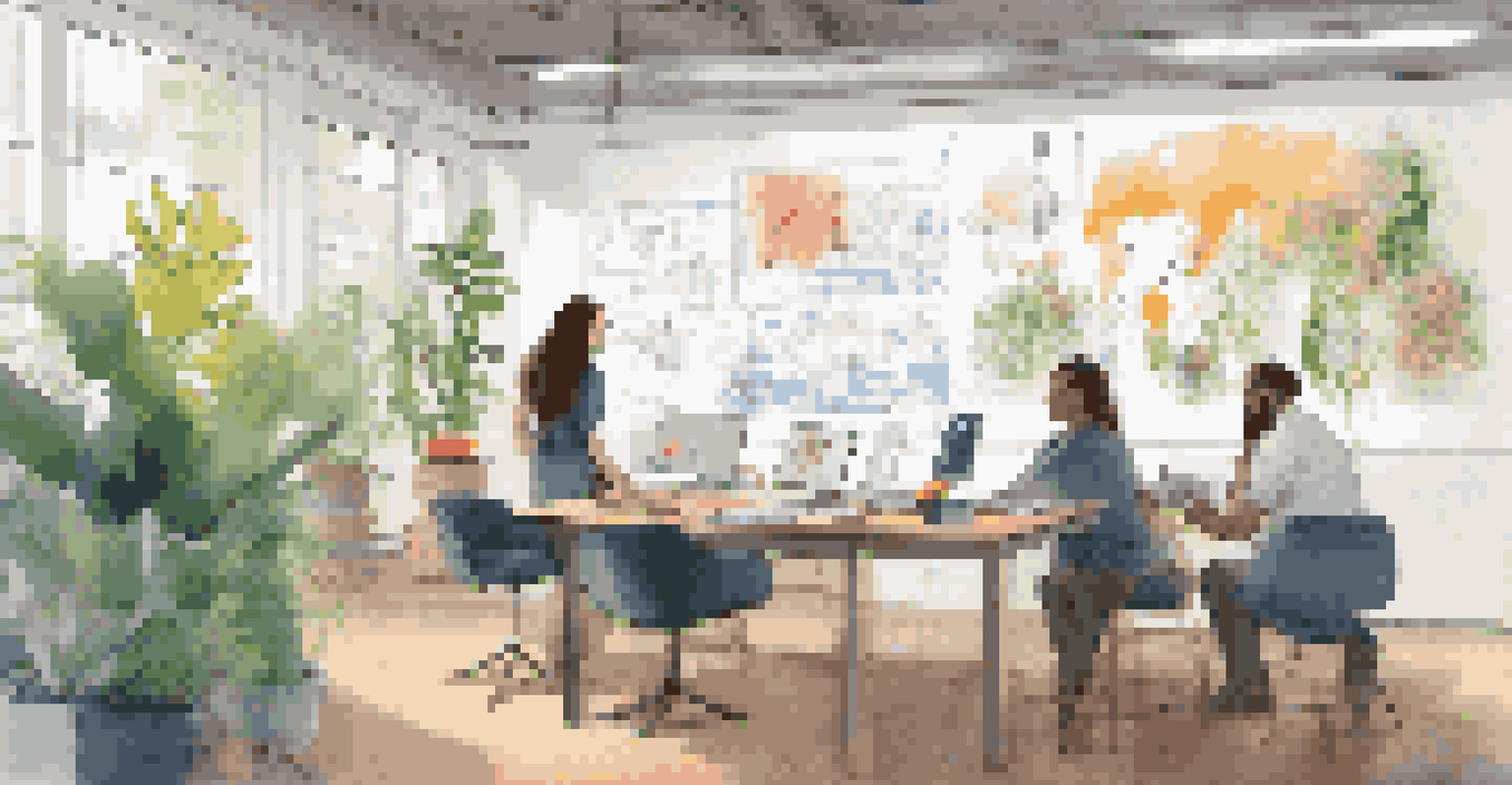 A creative workspace with a whiteboard filled with diagrams and a person visualizing ideas on a tablet.