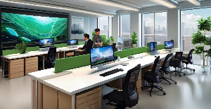 A modern office space with diverse professionals working together around a digital display related to cloud computing, featuring natural light and greenery.