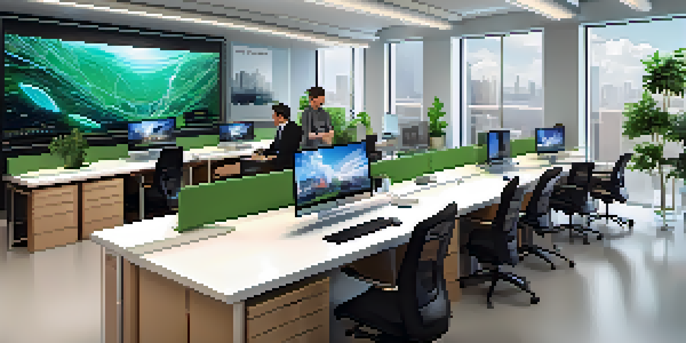 A modern office space with diverse professionals working together around a digital display related to cloud computing, featuring natural light and greenery.