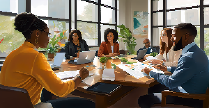 A diverse group of professionals in a bright conference room, discussing together around a table with laptops and charts.