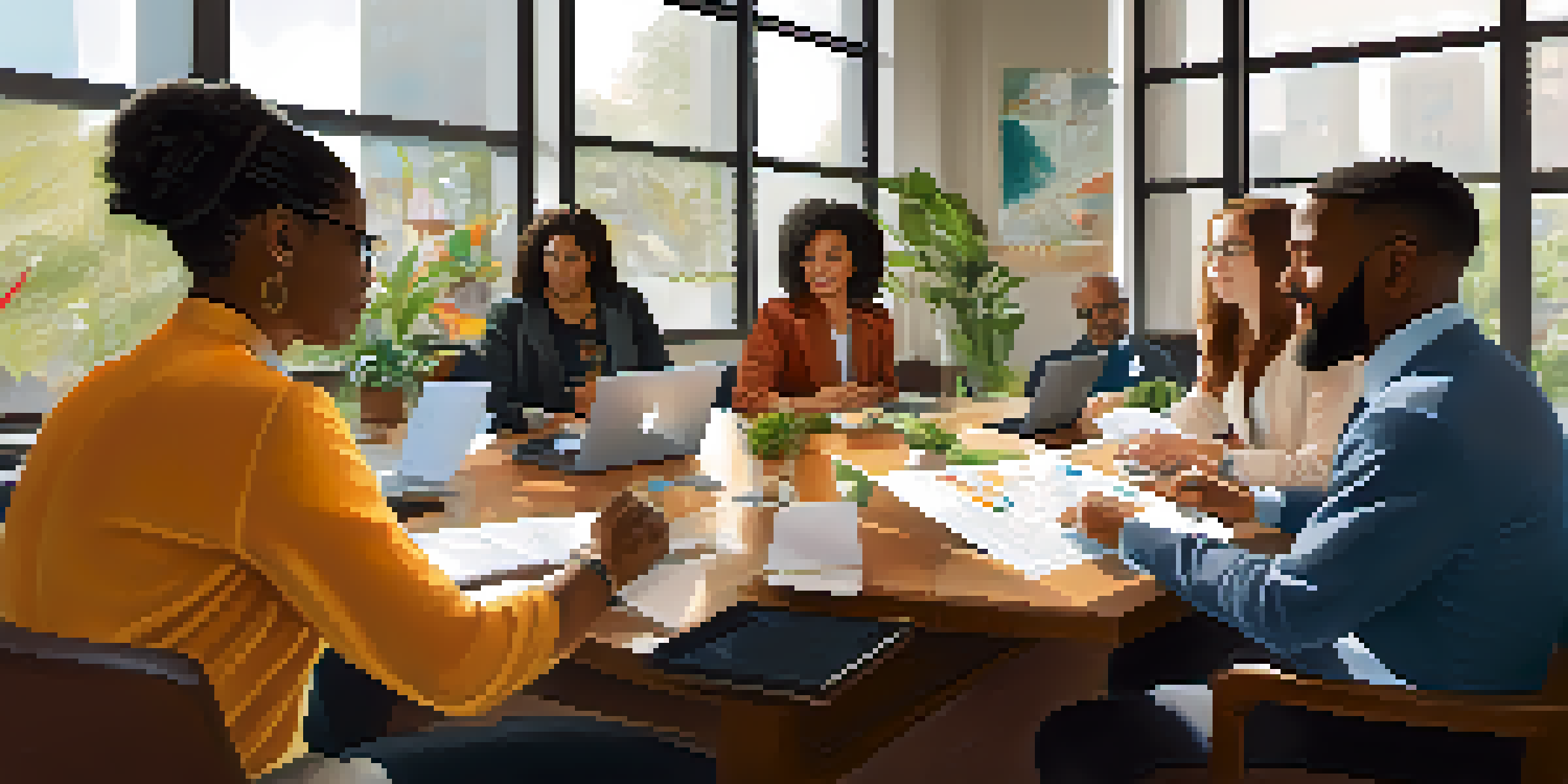 A diverse group of professionals in a bright conference room, discussing together around a table with laptops and charts.